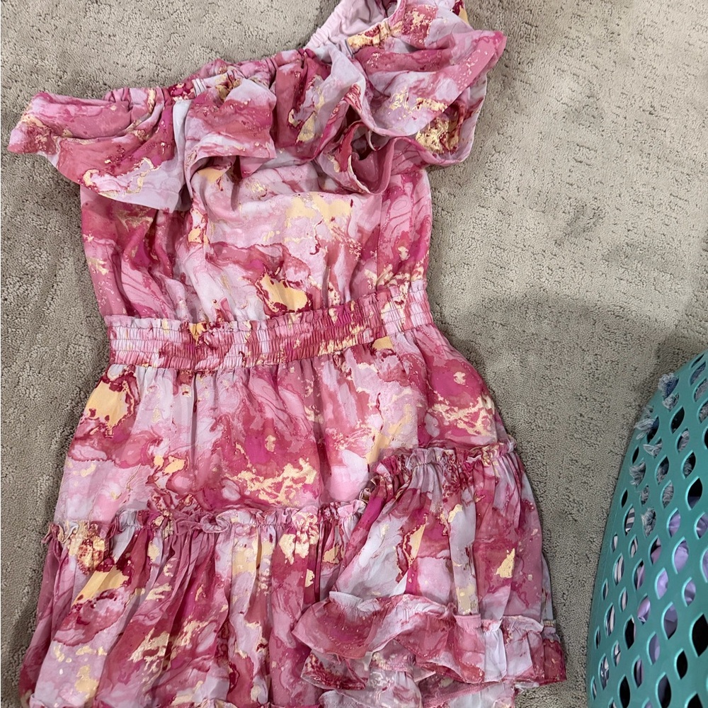 Pink Marble Print Off-Shoulder Ruffle Mini Dress